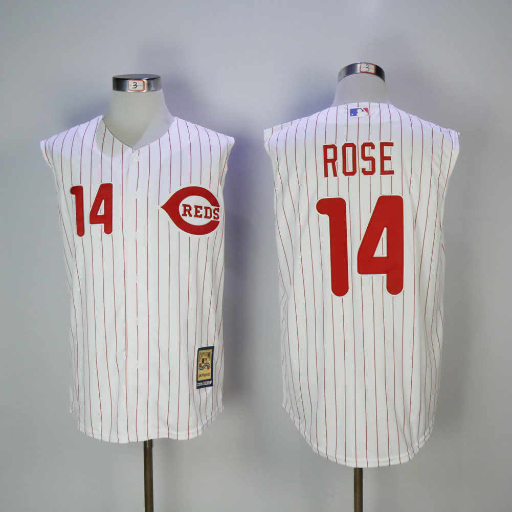 Men MLB Cincinnati Reds 14 Rose white Red Strips throwback jerseys